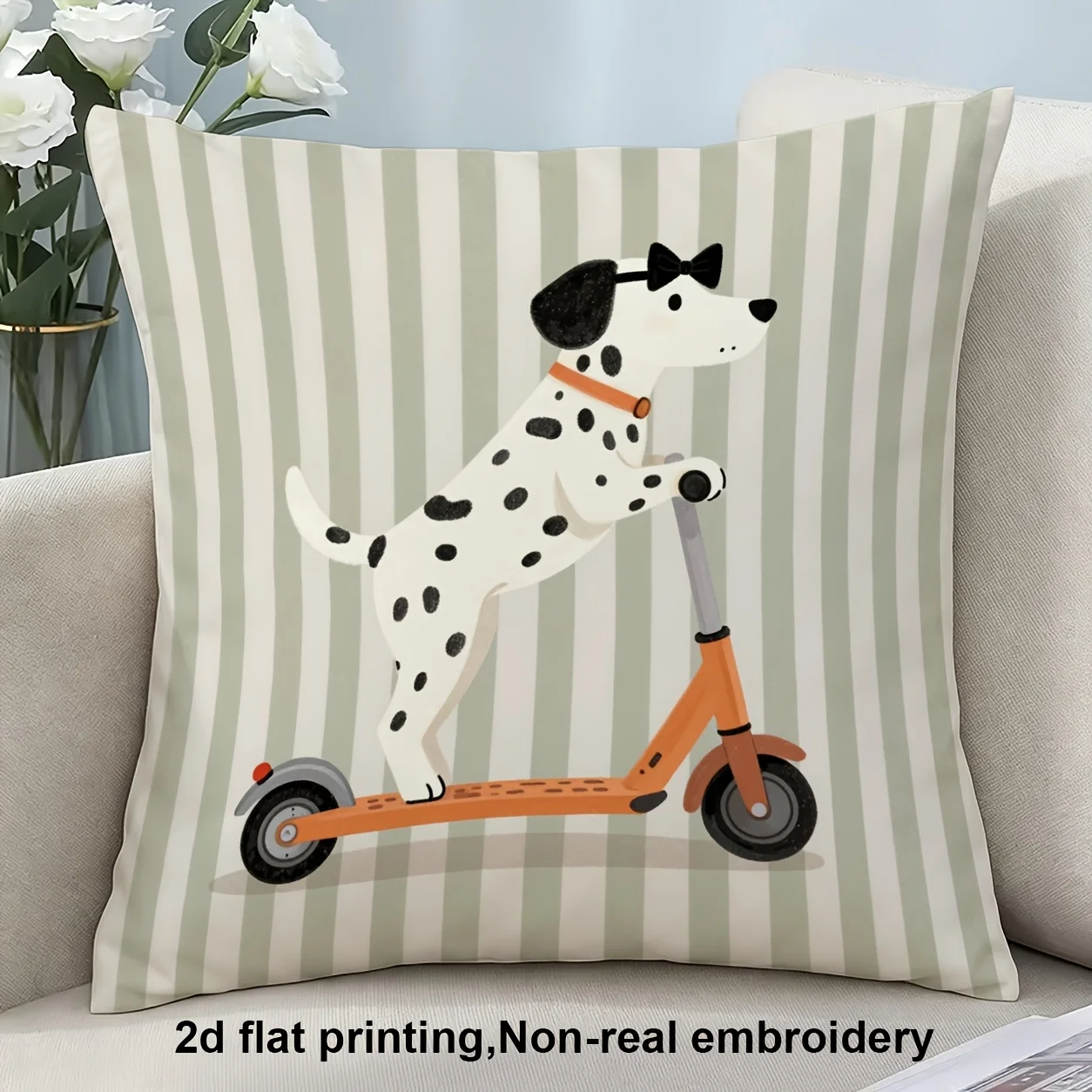 2D Flat Printing, 1pc, Dalmatian Dog Riding a Scooter, Pillow Cover, Double-Sided Printing, Polyester, Very Suitable for Decorating Sofas, Living Rooms, Bedrooms, Or Offices, (Excluding Pillow Core)
