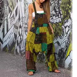 2024 Women's New Hip Hop Jumpsuit Hot Style Hippie Stitching Ethnic Print Sleeveless Loose Harem Pocket Overalls Green