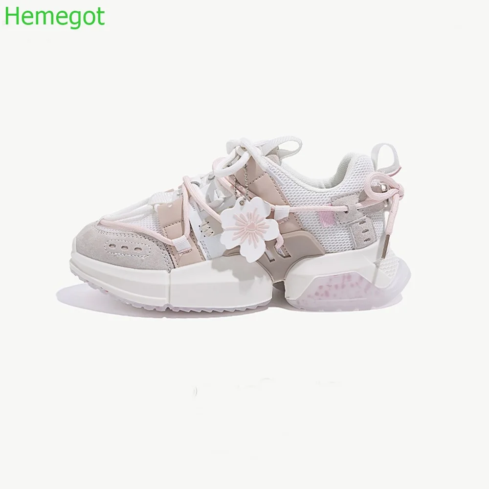 

Sweet Mesh Cherry Flower Sneakers Thick Sole Round Toe 2024 Spring Comfort Sport Casual Shoes Pink Lace Up Fashion Women Pumps