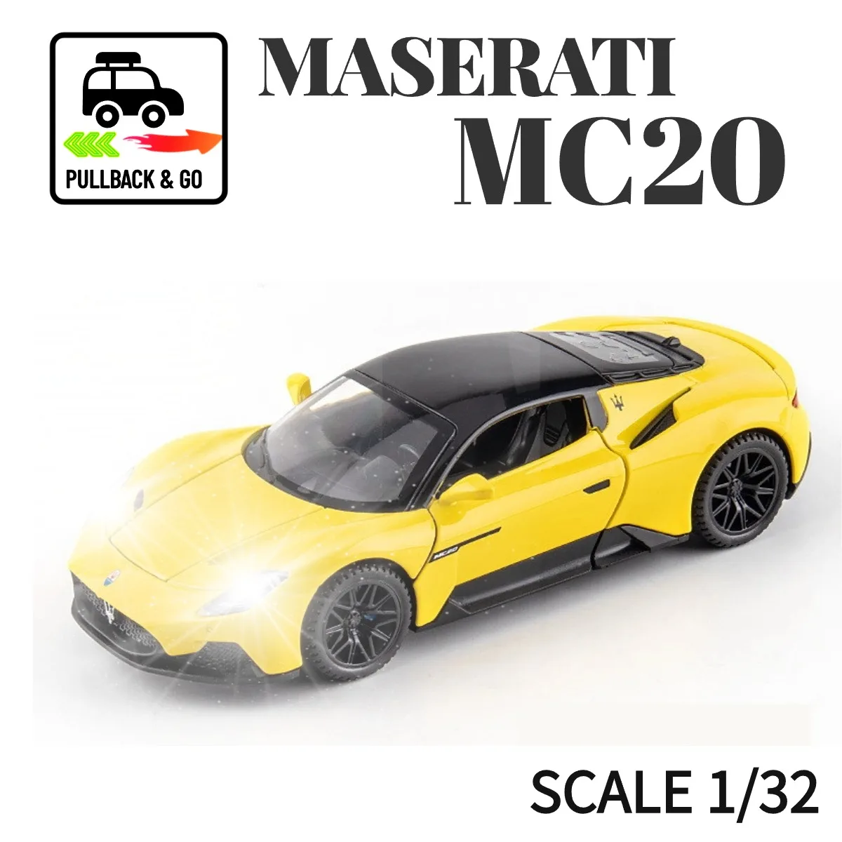 

1:32 Maserati MC20 Pullback Car Toy with Lights Engine Sound, BMW Toyota Diecast Car Model Scale Replica Gift Kid Boy Toy