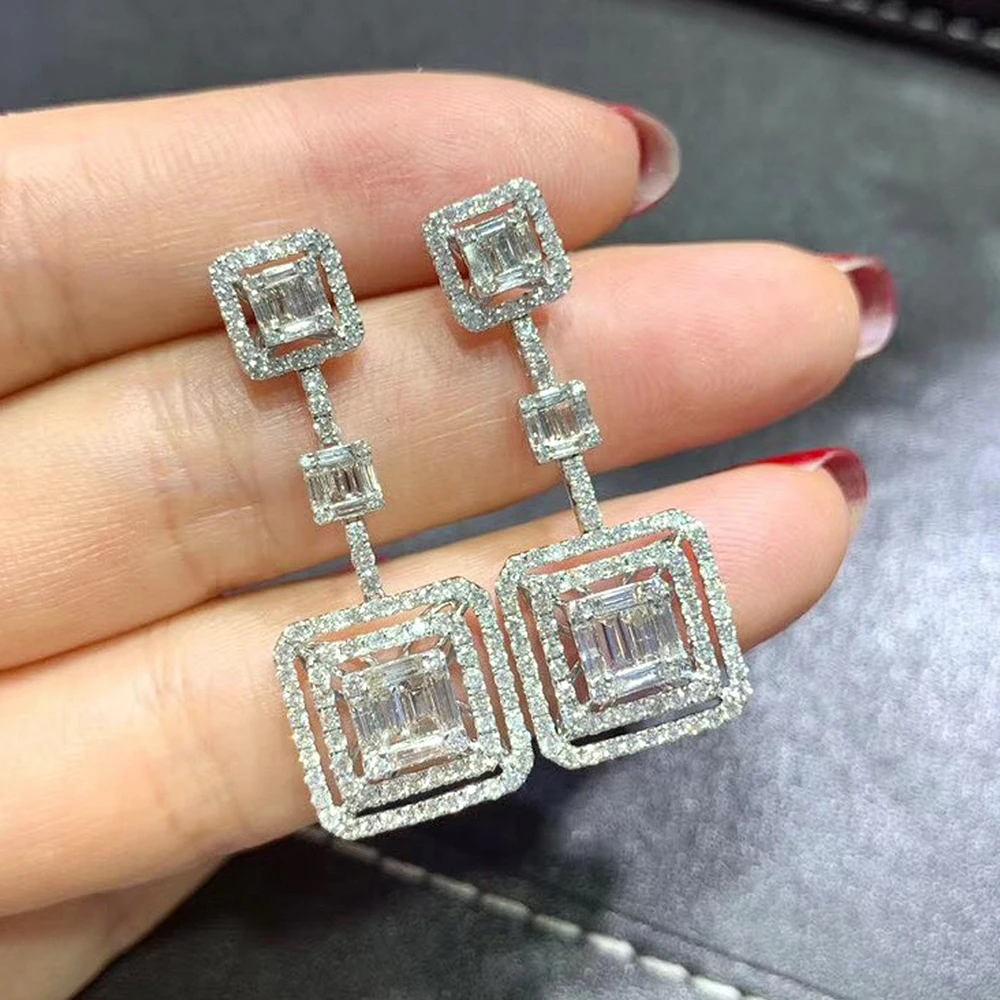 Huitan Modern Geometric Shape Crystal CZ Dangle Earrings for Women Fashion Luxury Silver Color Engagement Wedding Bridal Jewelry