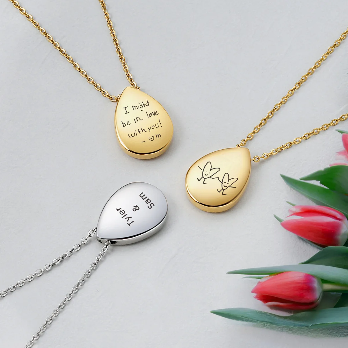 

Customize Stainless steel necklace factory direct sales Teardrop-shaped personalized handwriting laser engraved necklace accesso