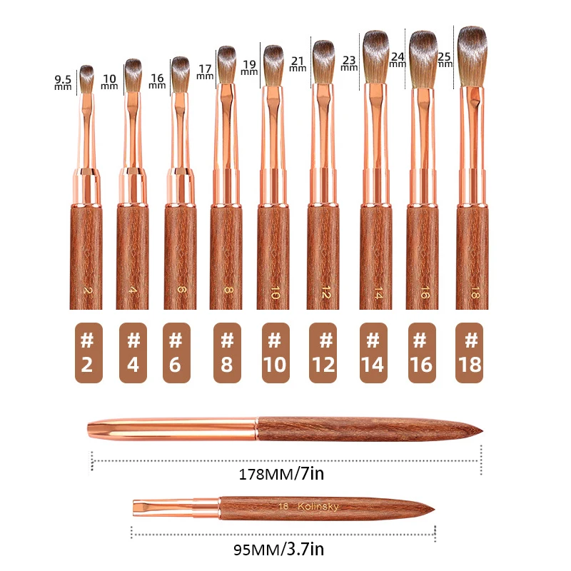 Spazzola per unghie acrilica Kolinsky al 100% con manico ondulato in legno di sandalo oro rosa per salone di bellezza 3D in polvere acrilica misura 2-18