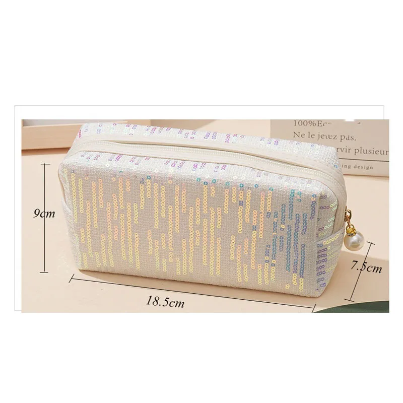 Women Sequin Glitter Cosmetic Bag Zipper Pouch Storage Makeup Bag Pearl Zipper Portable Large Bag