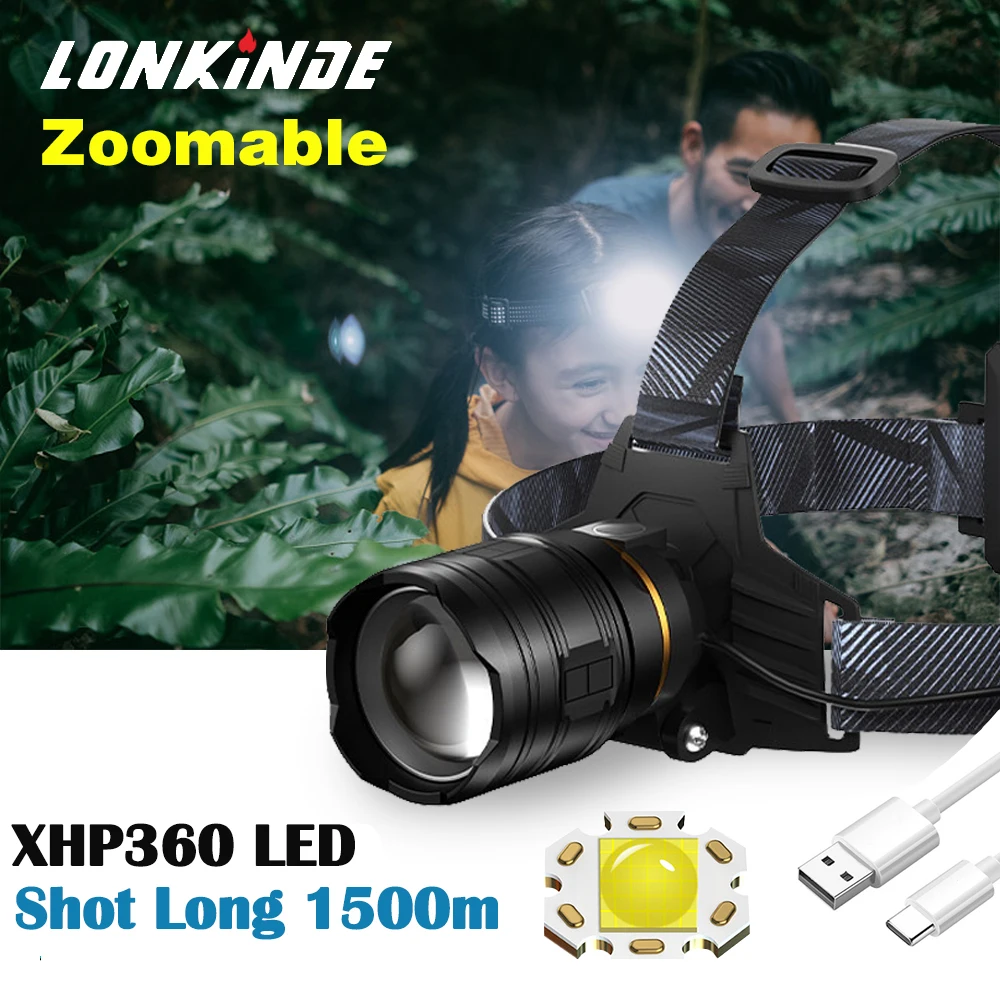 

2025 XHP360 High Power Fishing Headlamp Rechargeable Light Headlight Camping Hiking Led Flashlights Can Be Used As A Power Bank