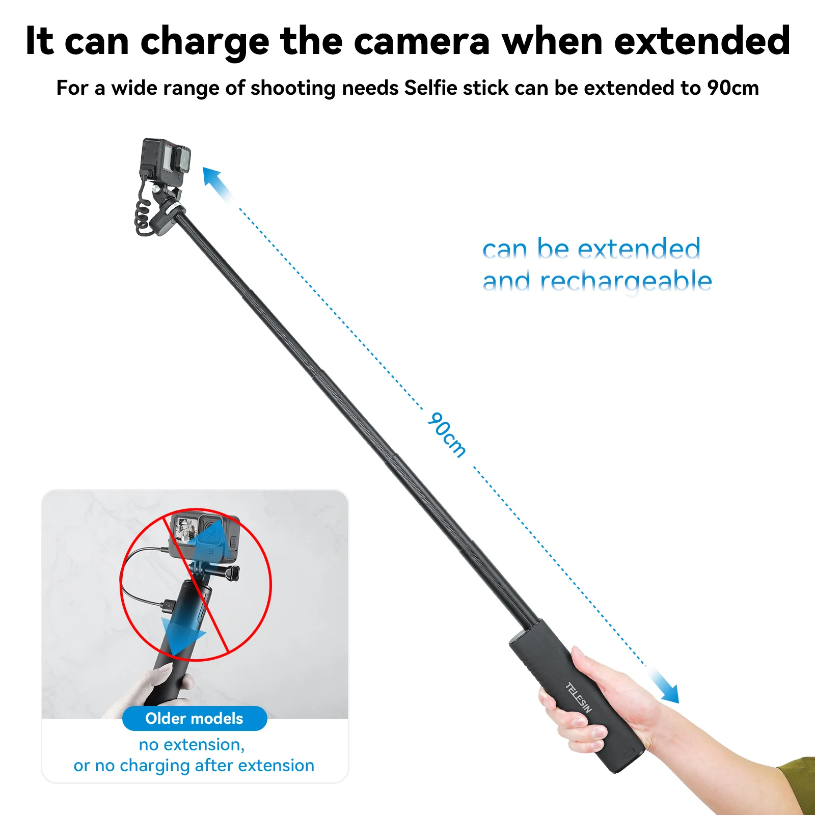 TELESIN TE-CSS-001 Selfie Stick QC/PD3.0 développements rapides Puissance Selfie Stick 90CM Télescopique Selfie Pole avec 1/4 Pouces Vis