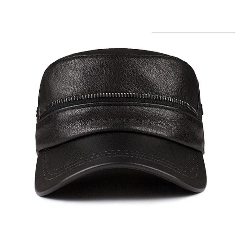 Men\'s Military Hats Quality Cowhide Genuine Leather Hat Men Autumn Winter New Thermal Adjustable Size flat Roof Baseball Caps