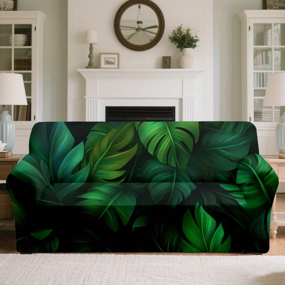1pc Tropical Monstera Leaf Print Stretch Sofa Cover, Boho Green Botanical Couch Slipcover for Jungle Home Decor