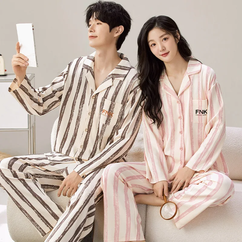 Women and Men Matching Cotton Pajamas 2024 New Fashion Korean Nightwear Cardigan Autumn Pijamas Long Femme Hombre Pjs Pyjamas