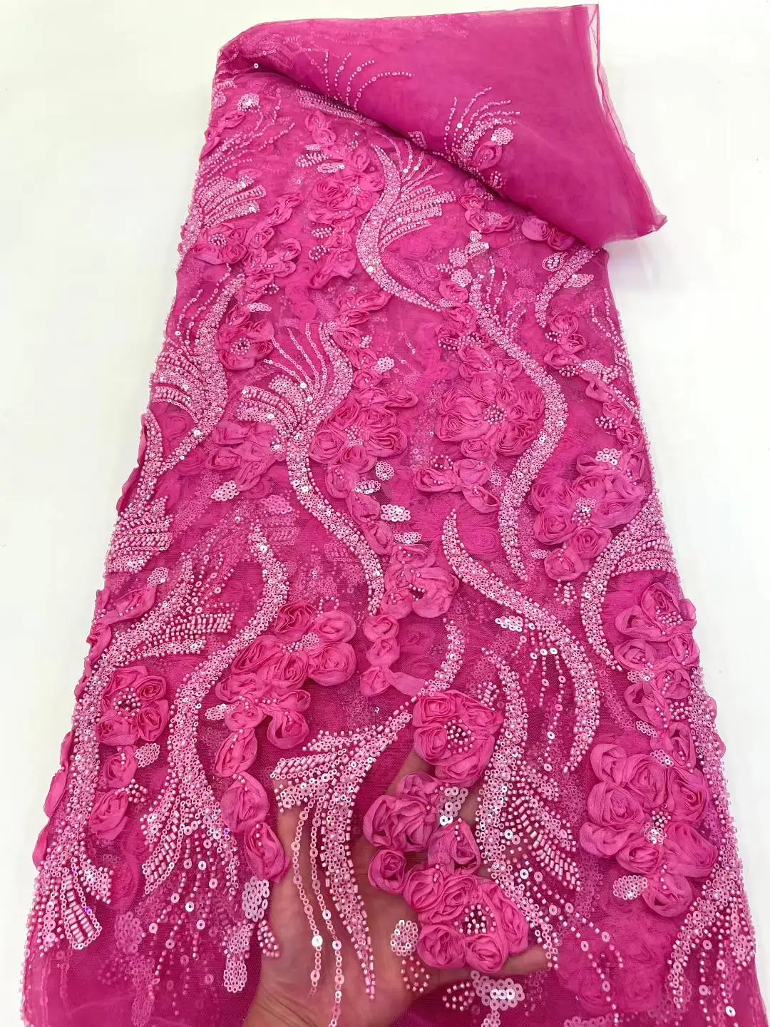 

2025 Latest Hot Sale High-End Luxury French Embroidery Beaded Lace Fabric African Nigerian With Sequins Fabric For Wedding Dress