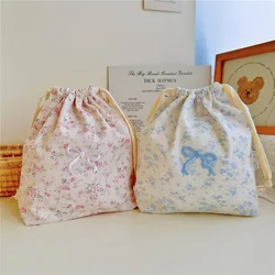 Pochette Bebe Floral Cotton Mommy Storage Bags Outdoor Baby Diaper Carrier Embroidery Bow Printing Drawstring Pouches 26x24cm