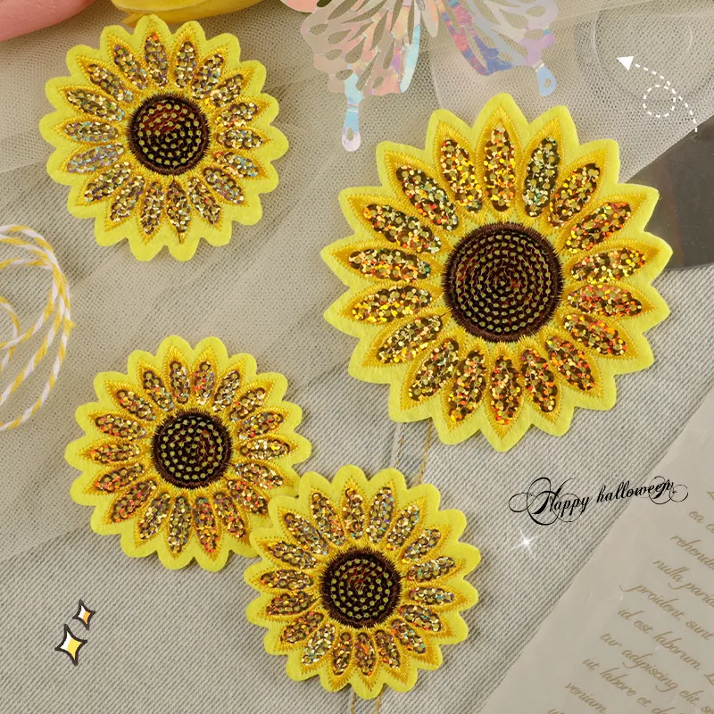 1 Piece Sunflower Embroidery Patch Sequin Patch Iron on Patches Patchs for Clothes Badges Backpack Custom Anti Imperfection Logo