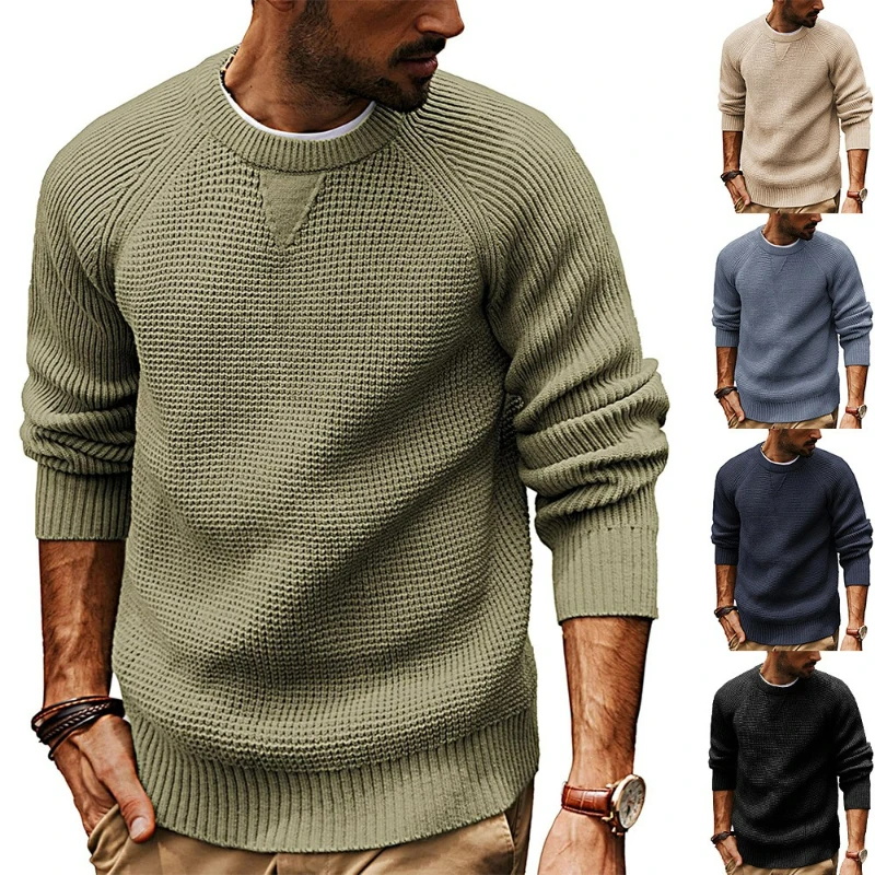 

Men Knit Pullovers Solid Round Neck Loose Sweaters Long Sleeve Casual Thick Spliced Male Jumpers Winter 2025 Slight Strech