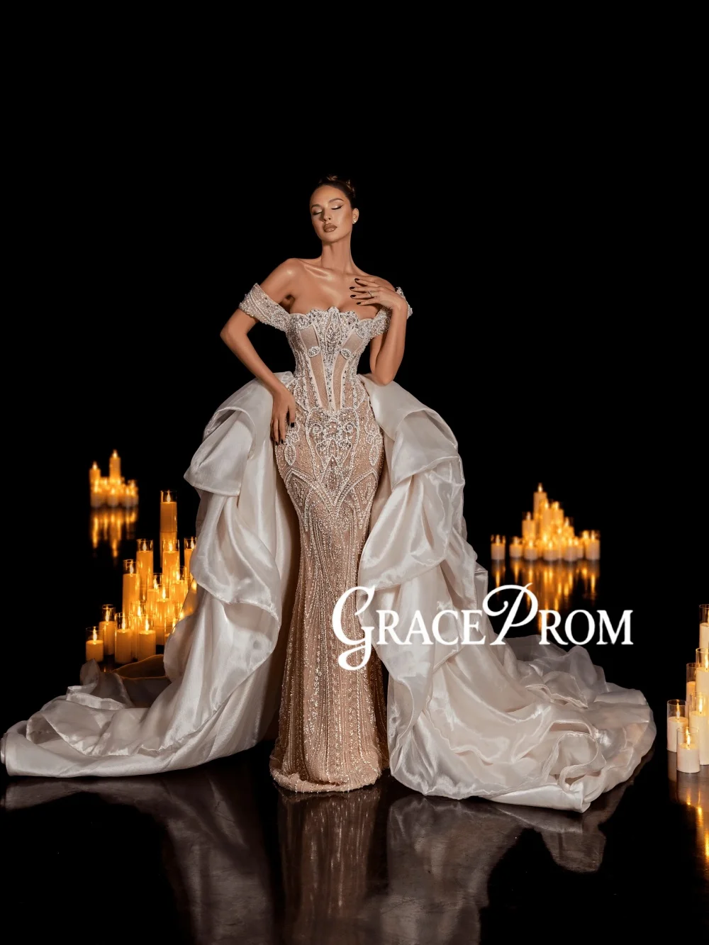 

Ruffled Detachable Train Elegant Evening Dress Opulent Pearls Crystal Wedding Dresses Customized Dreamy Long Red Carpet Gowns