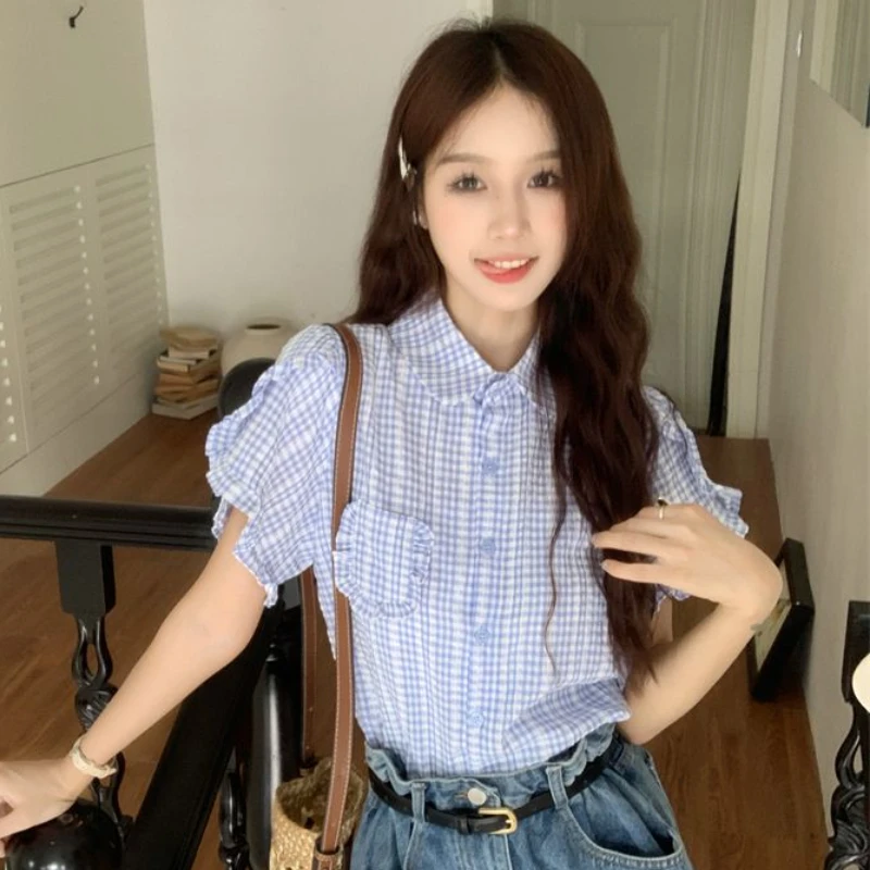 Blue Plaid Shirts Women Short-sleeve Preppy Ruffles Sweet Loose Fashion Temperament Female Age-reducing Korean Style Summer New