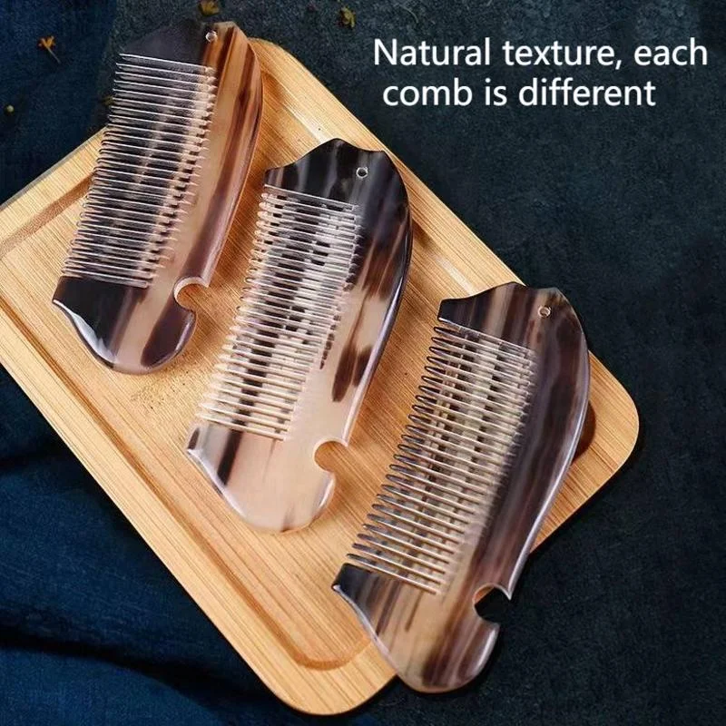 Handmade Natural Ox Horn Hair Comb Head Shoulder Massage Scraping Scalp Fine Teeth Anti-Static Portable Pocket Comb