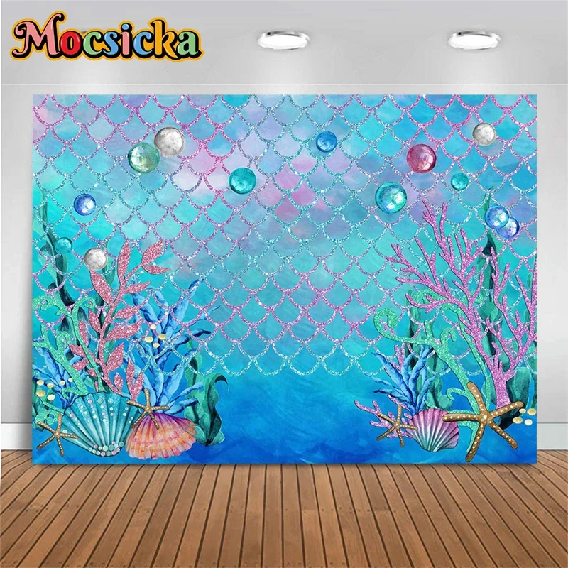 Mocsicka Mermaid Princess Birthday Party Photography Background Decoration Seashell Newborn Girl Cake Smash Blue Backdrop Props