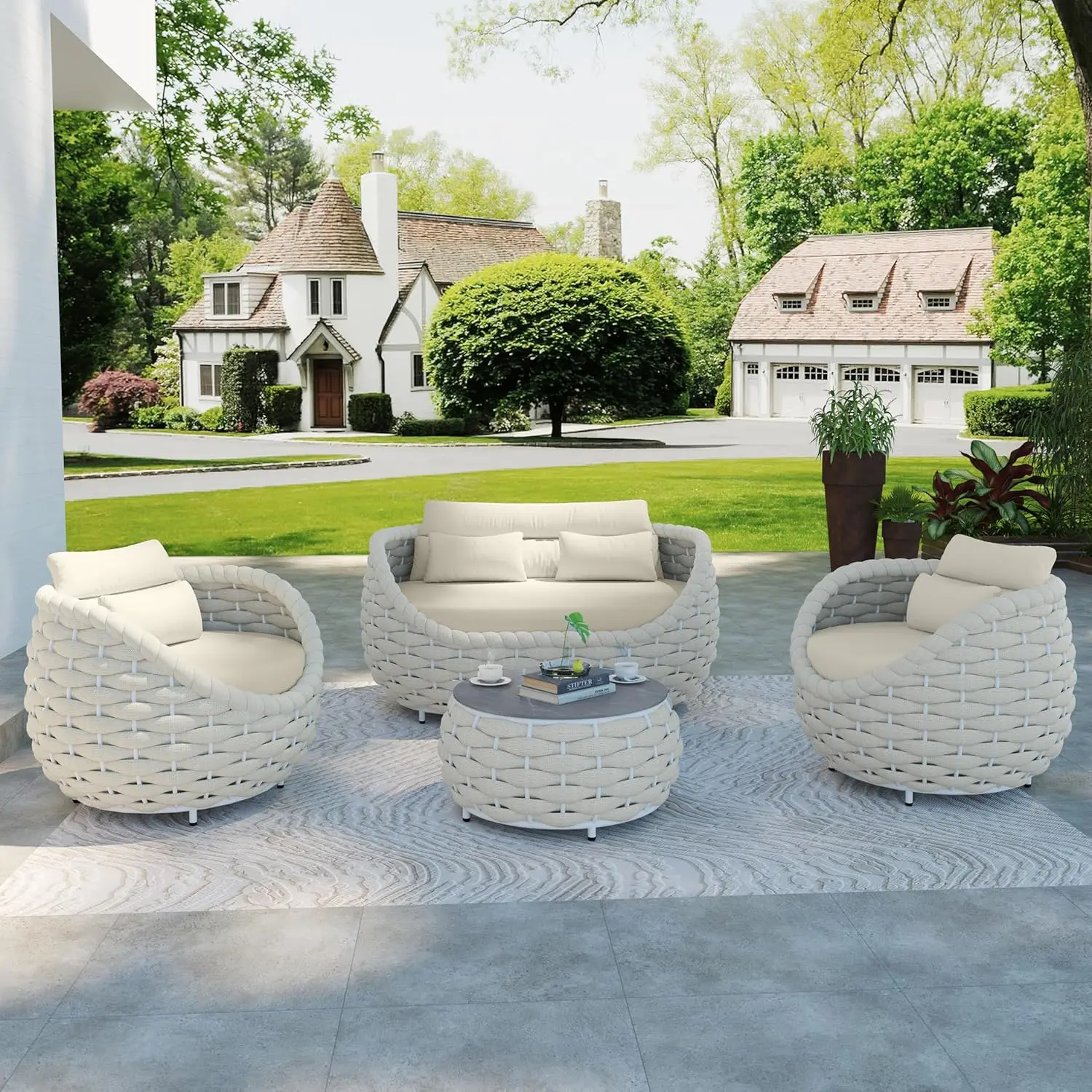 

Outdoor 4-Piece Conversation Set Rust Free Patio Furniture Set Already Assembled Compact-Weave Rope Olefin Modern, Customized
