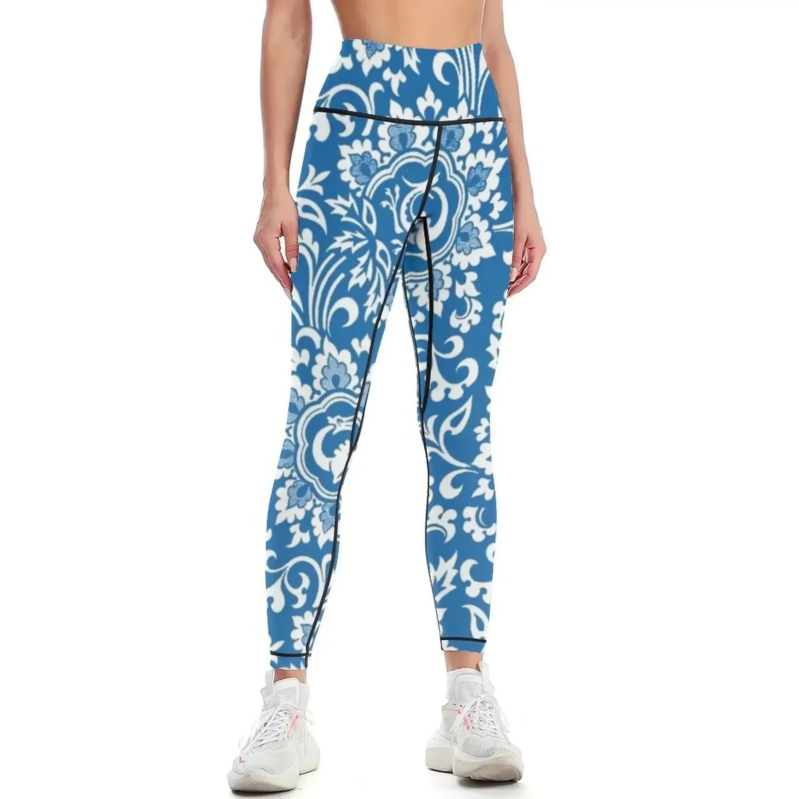 

Delft Blue and White Floral Pattern Leggings gym pants Training pants Women sports high waist Womens Leggings