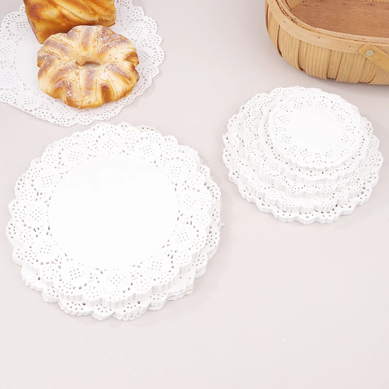 Napperon en papier polymère rond pour gâteau Chi à bord en dentelle, bloc-notes pour aliments frits, dessert, strass, fête de mariage, tasse de cuisine, 150 pièces