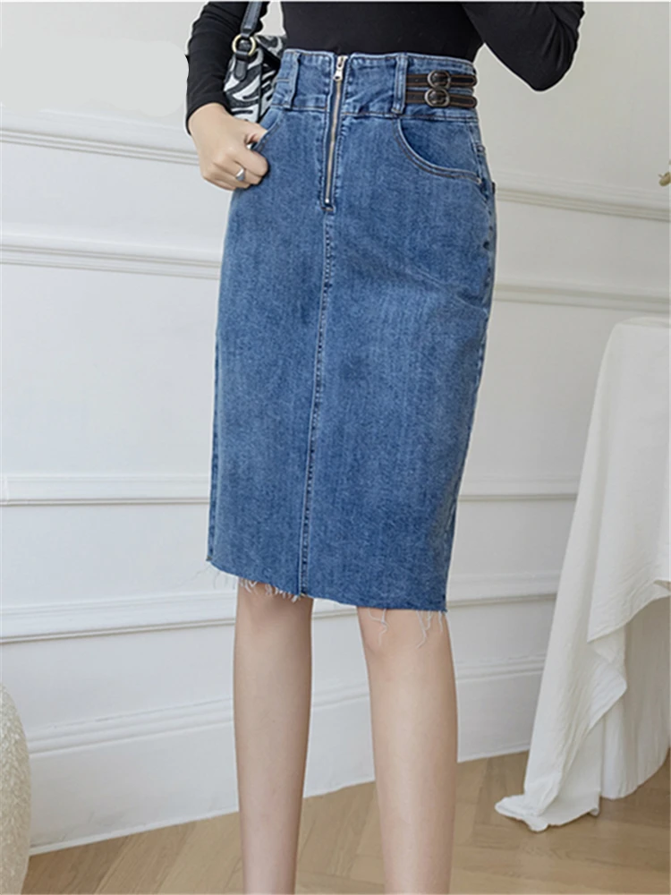 REALEFT Spring Summer 2022 New Denim Sheath Wrap Women's Skirts Zipper High Waist Pencil Midi Skirt Female Back Split Skirts