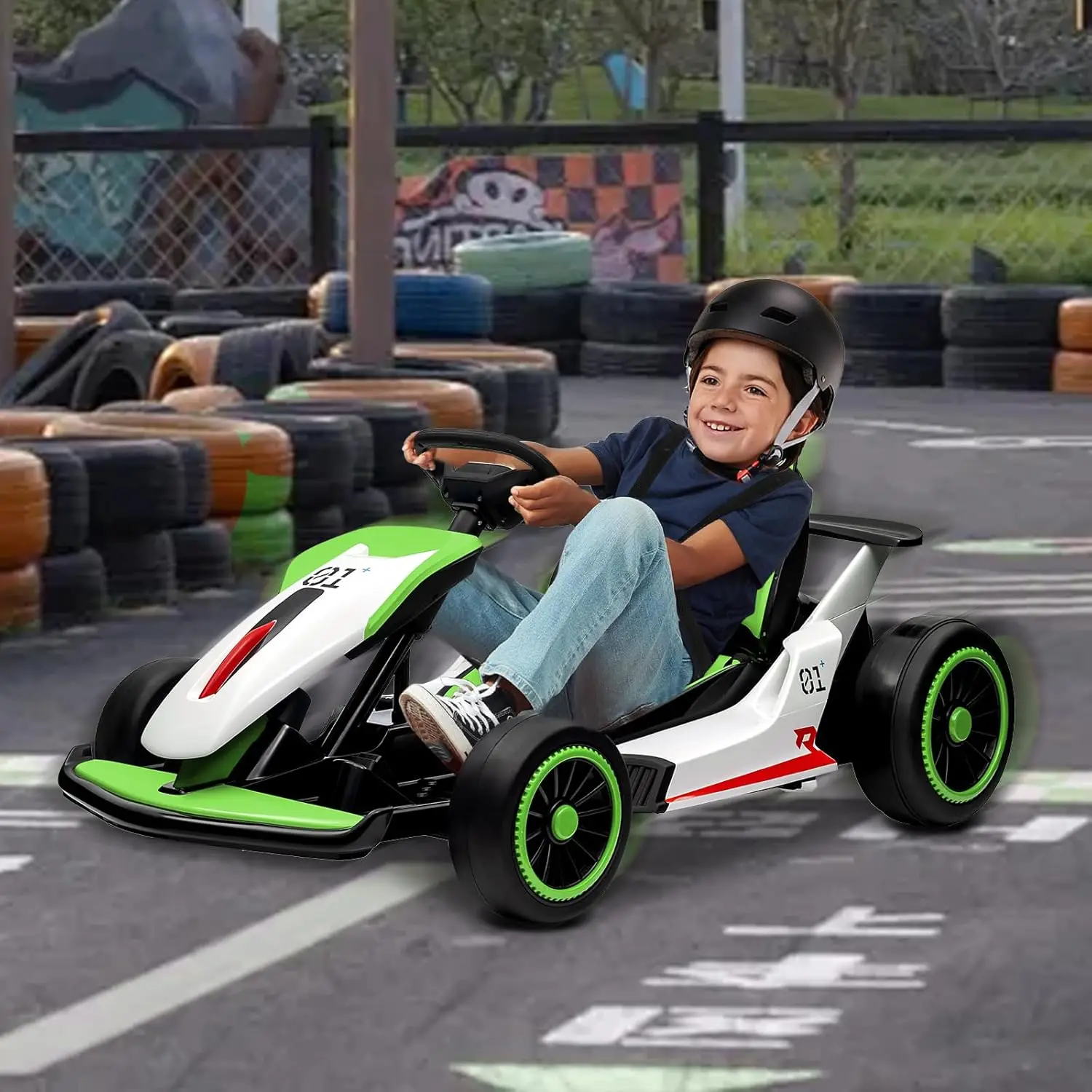 Go Kart, coche eléctrico Drift Kart con asiento ajustable, juguete para paseo al aire libre de 24 V y 7 Ah, motor de 2 * 200 W, 8,1 MPH, luces LED, Toy Rac