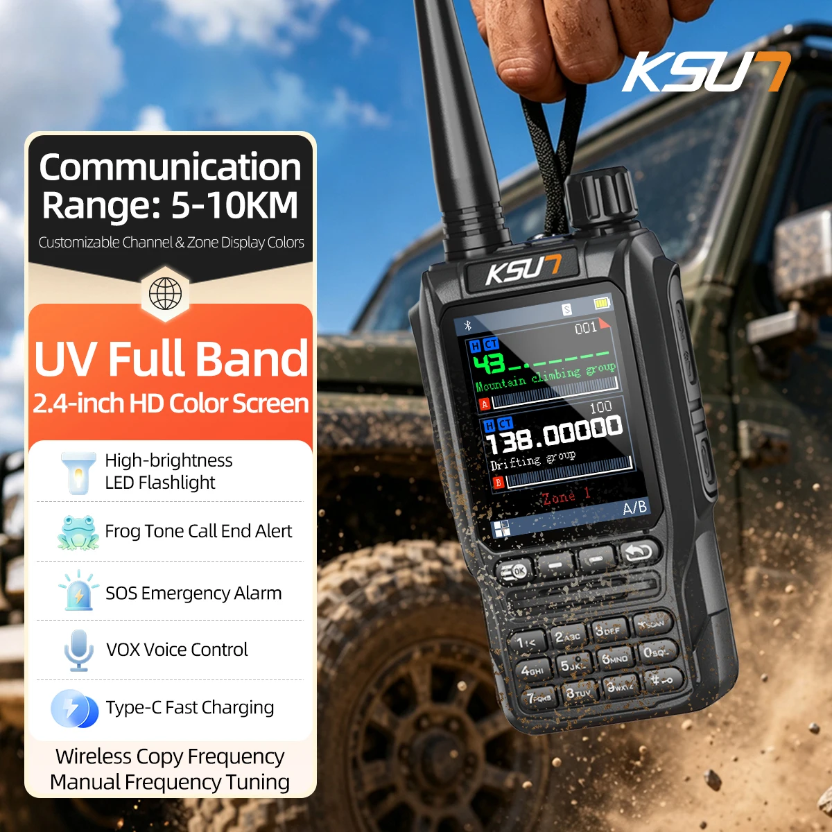 KSUN UV125D 1000 Channels 10 Zones One-Touch Frequency Copy Manual Entry A/B Dual Watch Type-C Fast Charge AM/FM/NOAA RX