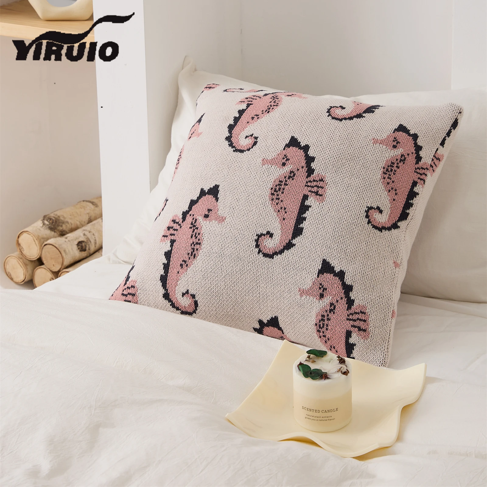 YIRUIO Kawaii Seahorse Pattern Cushion Cover Super Soft Breathable Cotton Home Decorative Sofa Knitted Throw Pillow Case Cover