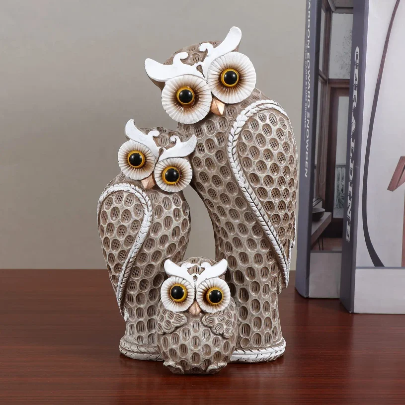 Cute Three Owl Statues Family Home Decor Owl Statues on Shelves Owl Decor for Owl Lovers