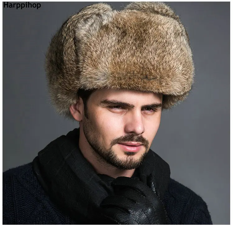 High Quality Mens 100% Real Rabbit Fur Winter Hats Lei Feng hat With Ear Flaps Warm Snow Caps Russian Hat Bomber Cap