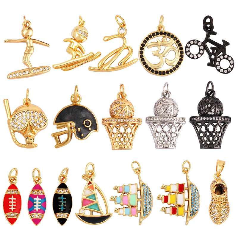 Trendy Sports Sneakers Skis Surfboard Bike Cubic Zirconia CZ Paved Charm Pendant, 18K Gold Necklace Craft Jewelry Supplies M26