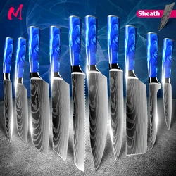 Chef Japanese Set Kitchen Knife 7CR17 High Carbon Stainless Steel Damascus Drawing Meat Cleaver Slicer Santoku Tools