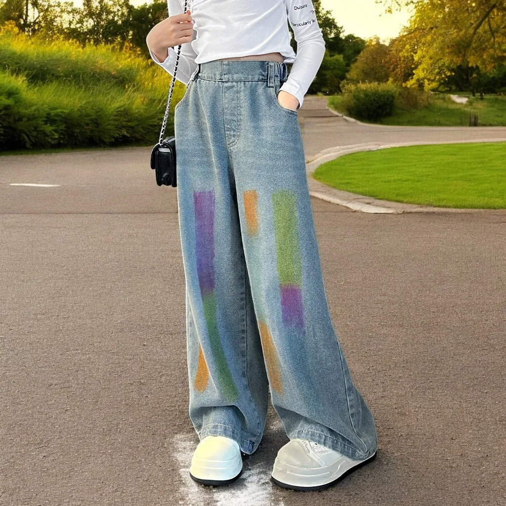 

Cute Kids Outfits Girls Jeans Kids Cargo Pants Print Wide Leg Trousers Children Street Autumn Baby Teens Clothes 5 7 9 12 Years