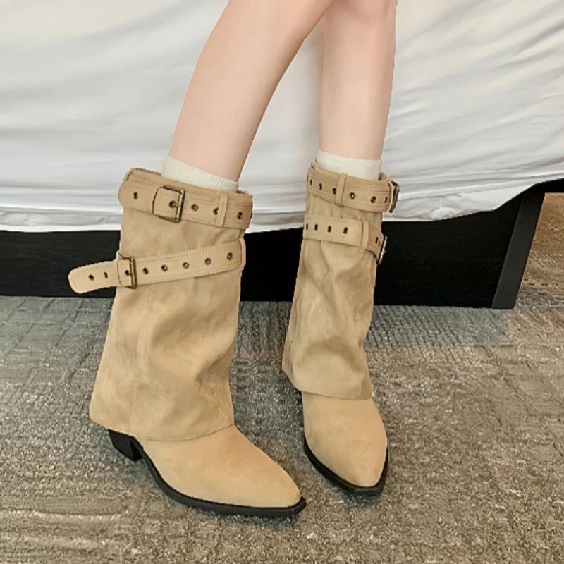 

Women Pointed Toe Mid Leg Boots with Belt Buckle Pants Outdoor Thick Heels Western Style Women Boot Fashionable Winter New