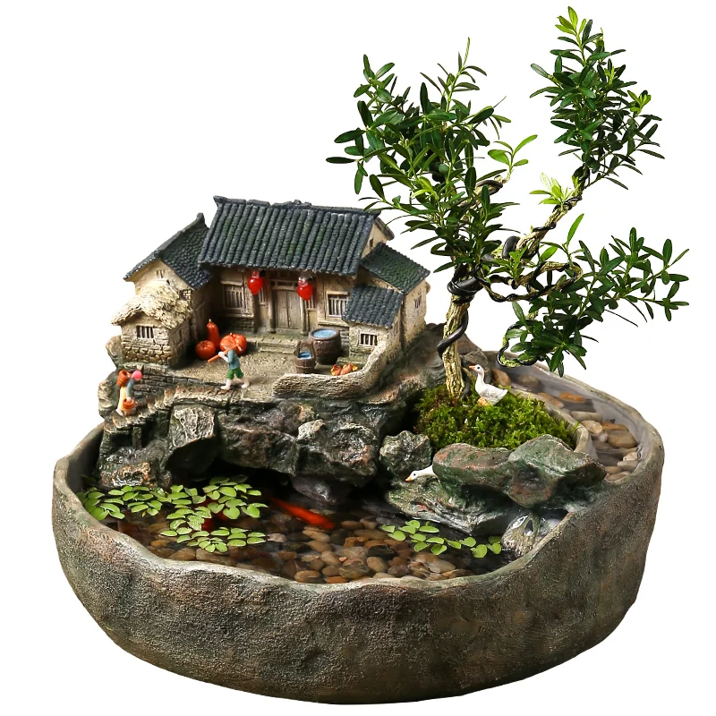 Chinese creative fish tank, flowing water ornament, circulating water, living room, office ornament, desktop micro-landscape