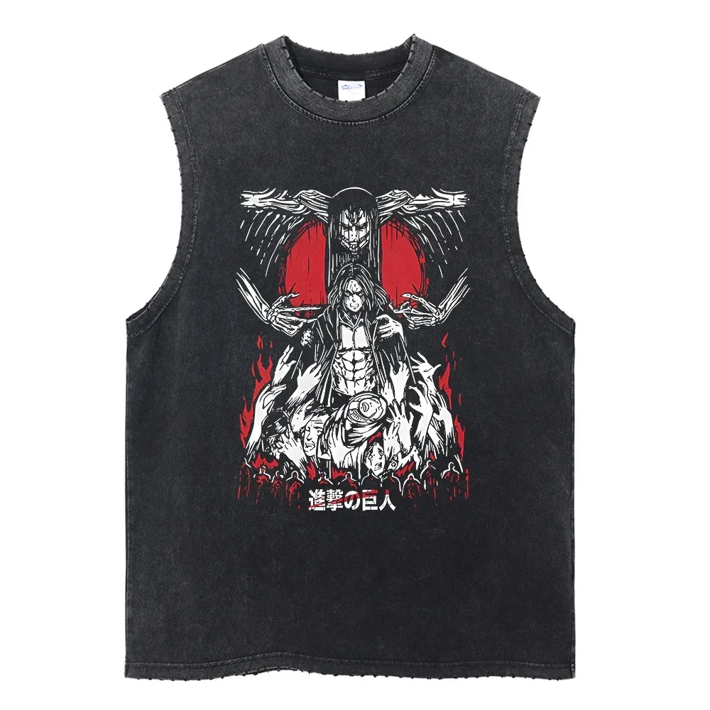 

Attack on Titan Japanese Anime Printed Washed Vest for Men and Women Retro Oversized Fashion Summer GYM Tank Top Street Wear