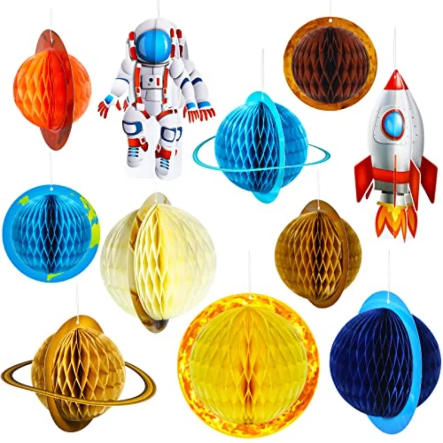 11 Pieces Outer Space Party Decorations Solar System Hanging Decorations Galaxy Planet Honeycomb Hanging Supplies 3D Rocket Ast