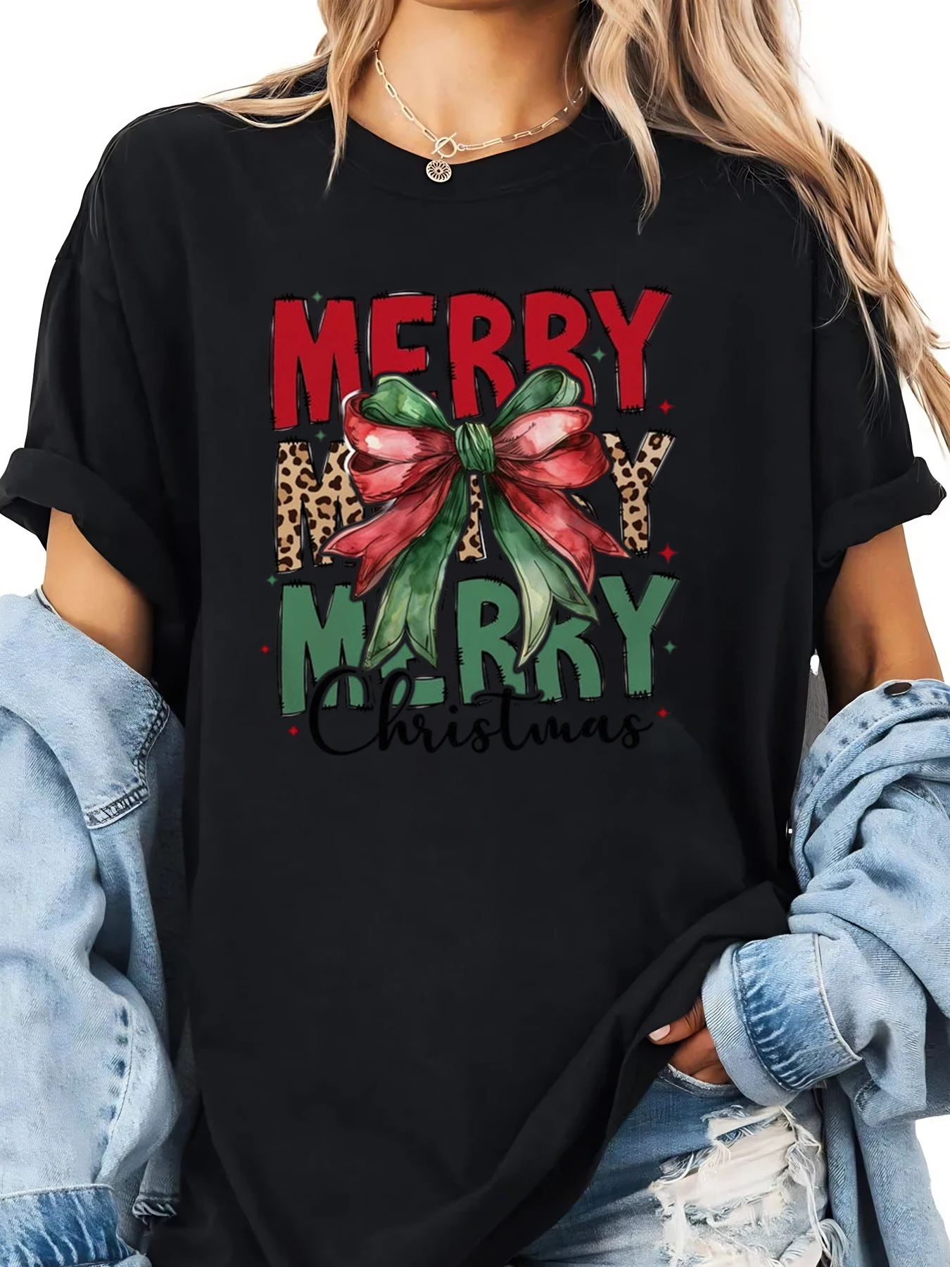 Feliz feliz natal leopardo arco impressão camiseta férias feminino casual wear preto plus size