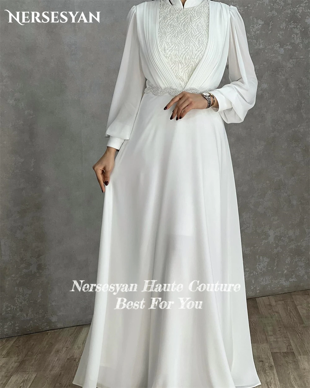 Nersesyan Pure Lace Wedding Dresses High Neck Muslim Beading Lantern Sleeves Bridal Gowns Pure A-Line robe de mariée Bride Dress