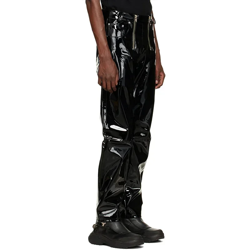 Men's Glossy Patent Leather Straight Pants Male Gothic Double Zip Stretch PU Trousers Pockets Party Street PVC Clubwear Custom