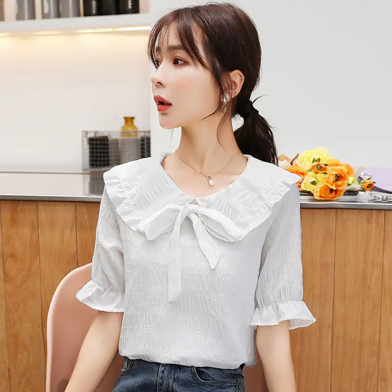 Women Clothes Summer Fashion Simplicity Sweet Bow Short Sleeve Shirts Women's Solid Color All-match Elegant Temperament Tops