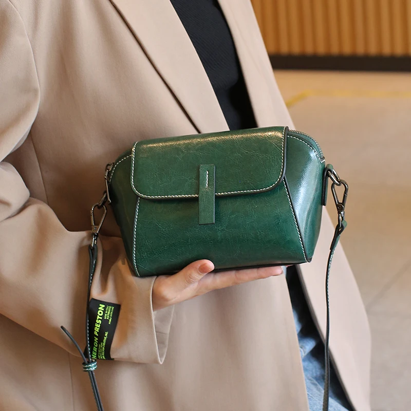 Oil Wax Cowhide Genuine Leather shoulder Crossbody Small Bag for Woman Fashion Versatile Shell bag Lady Casual Phone Bag image 6