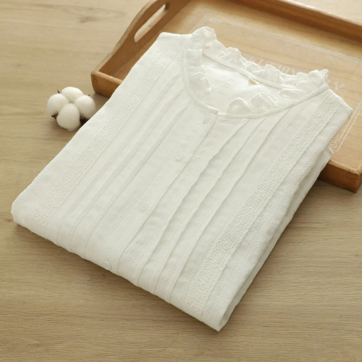

Cotton White Elegant Women's Luxury Designer Blouses Autumn Clothes for Women Embroider Stand Collar Long Sleeve Tops