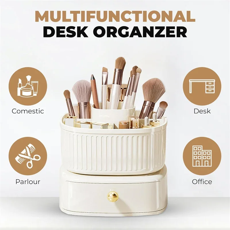 360° Rotating Makeup Brushes Holder with Drawer 5 Slot Makeup Brushes Lipstick Storage Box Desktop Cosmetics Tools Orangizer Box