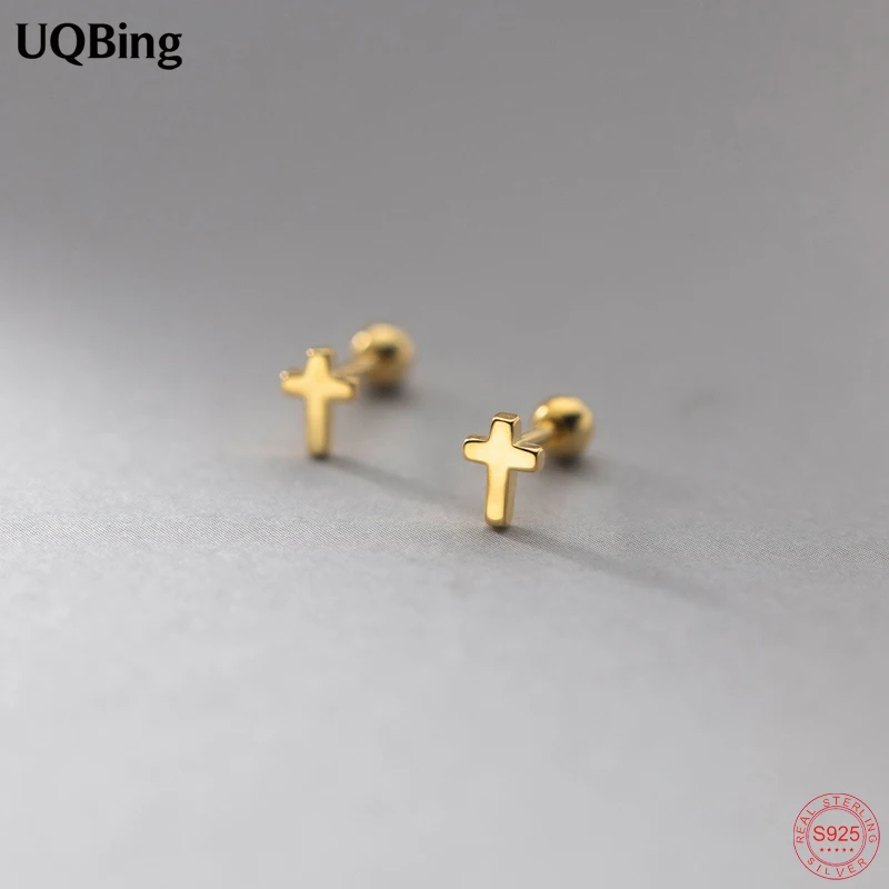 Fashion Mini Screw Back Cross Shape Gold Stud Earrings 925 Sterling Silver Women Gifts