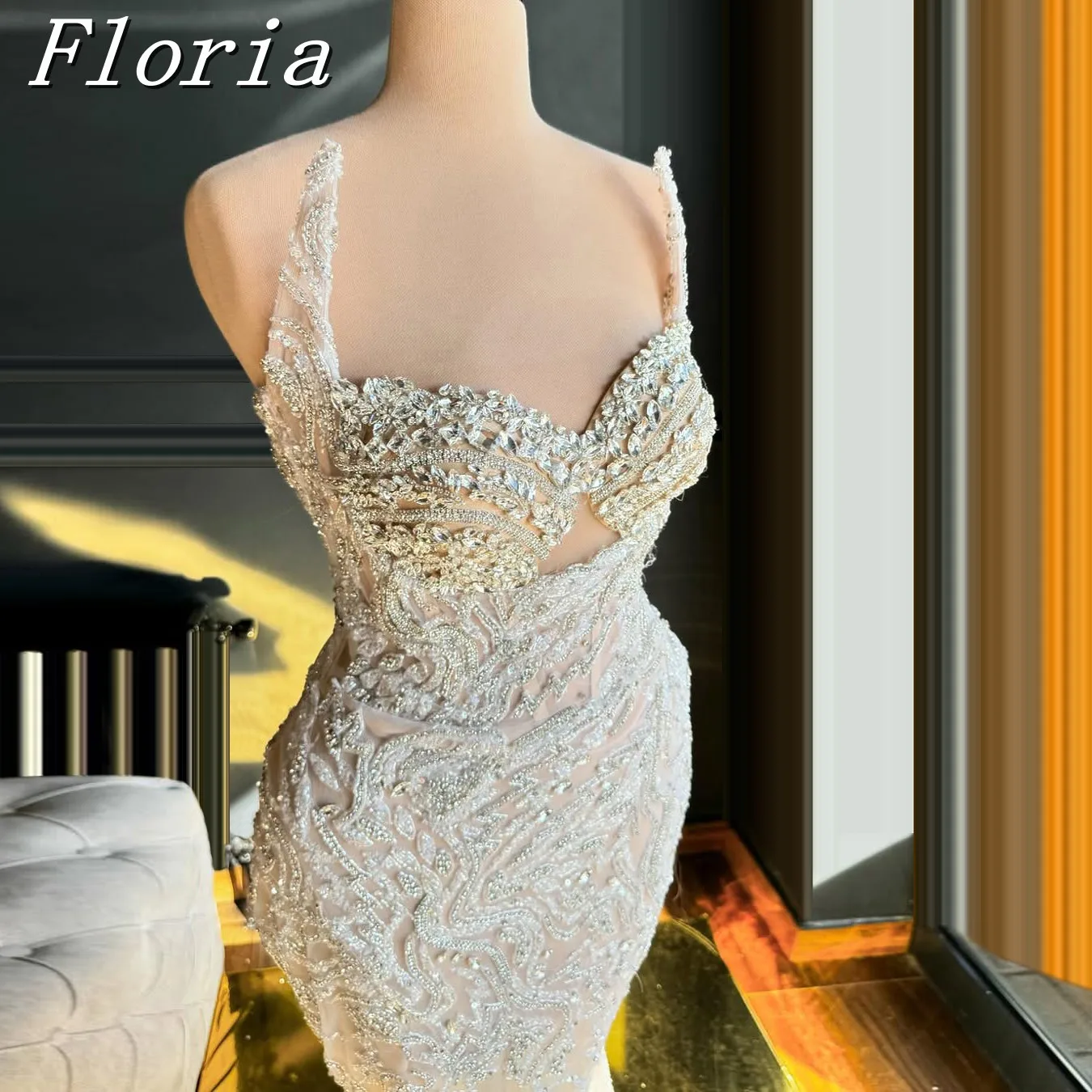 

Customized Cut Out Party Luxury Dress Aso Ebi Sparkling Crystal Long Sleeved Mermaid Beaded Dubai Evening Gown