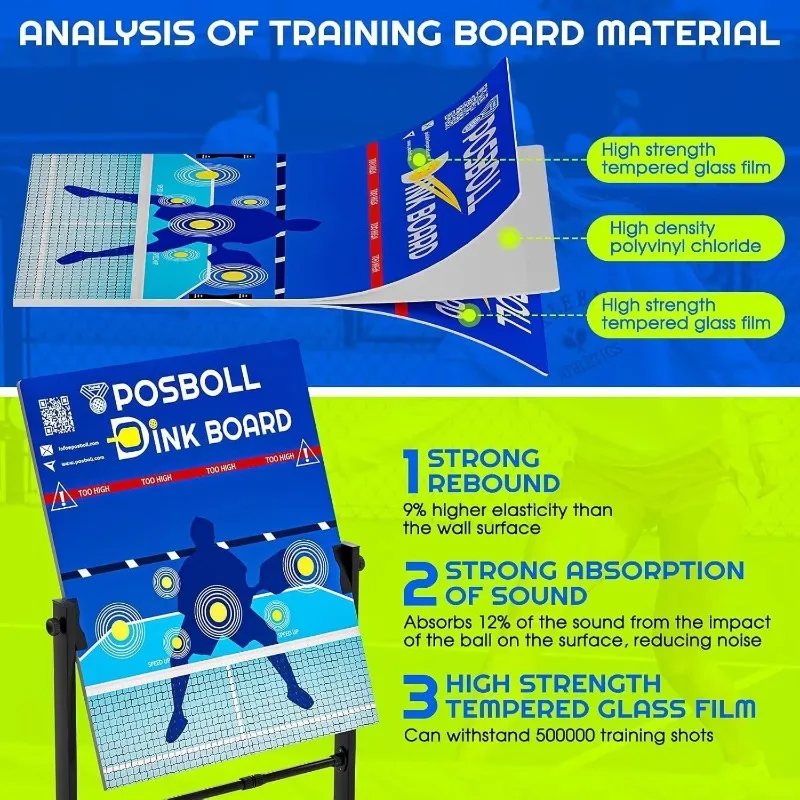 Pickleball Bounce Dink Training Board Movable Double-sided Design Wheels Indoor/Outdoor Use Rectangular Paddle Shape No Holes