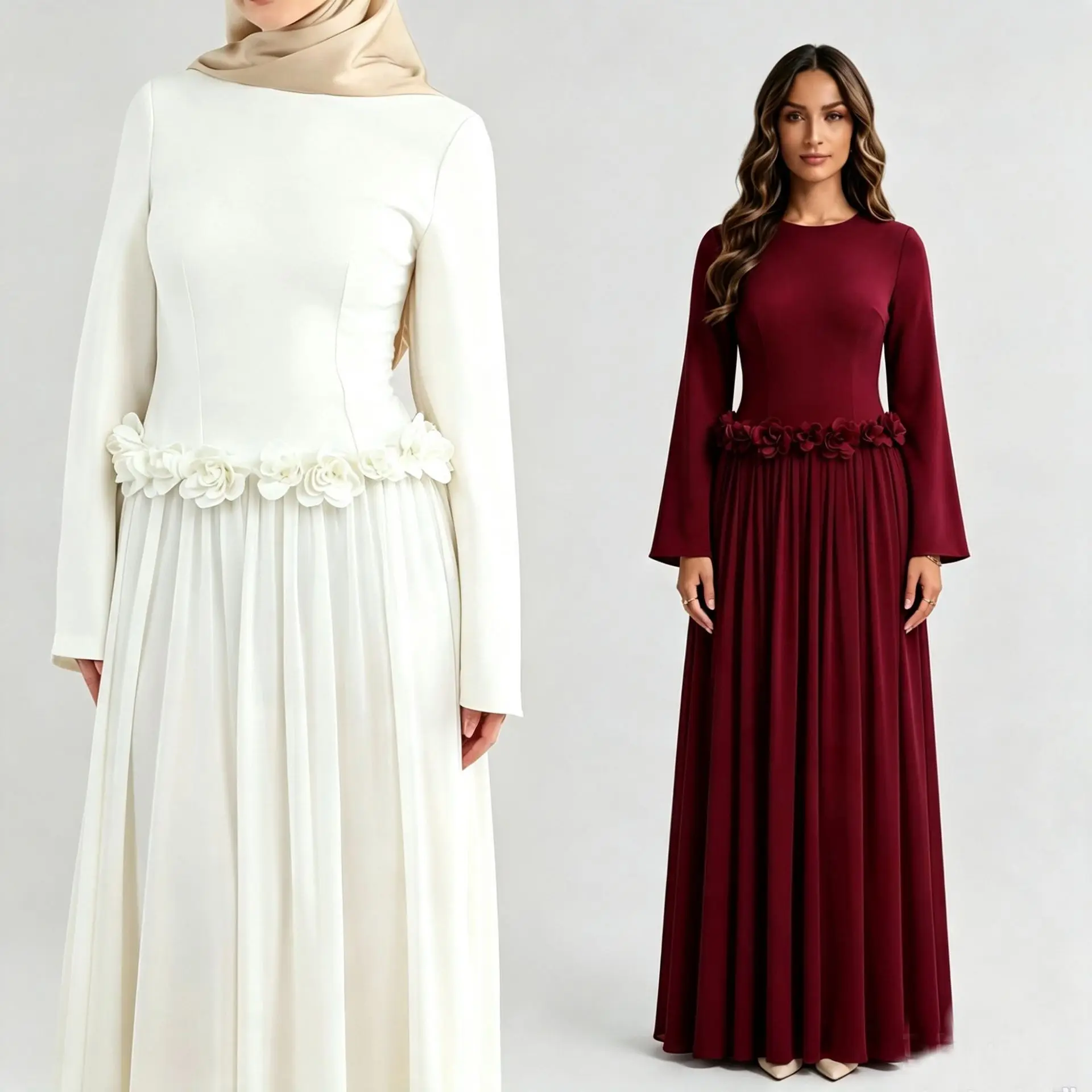 Islamic Ladies Formal Abaya Modest Women Gown 3D Floral Waist Long Sleeve Pleated Maxi Dress For Party Musulmane Kebaya Caftan