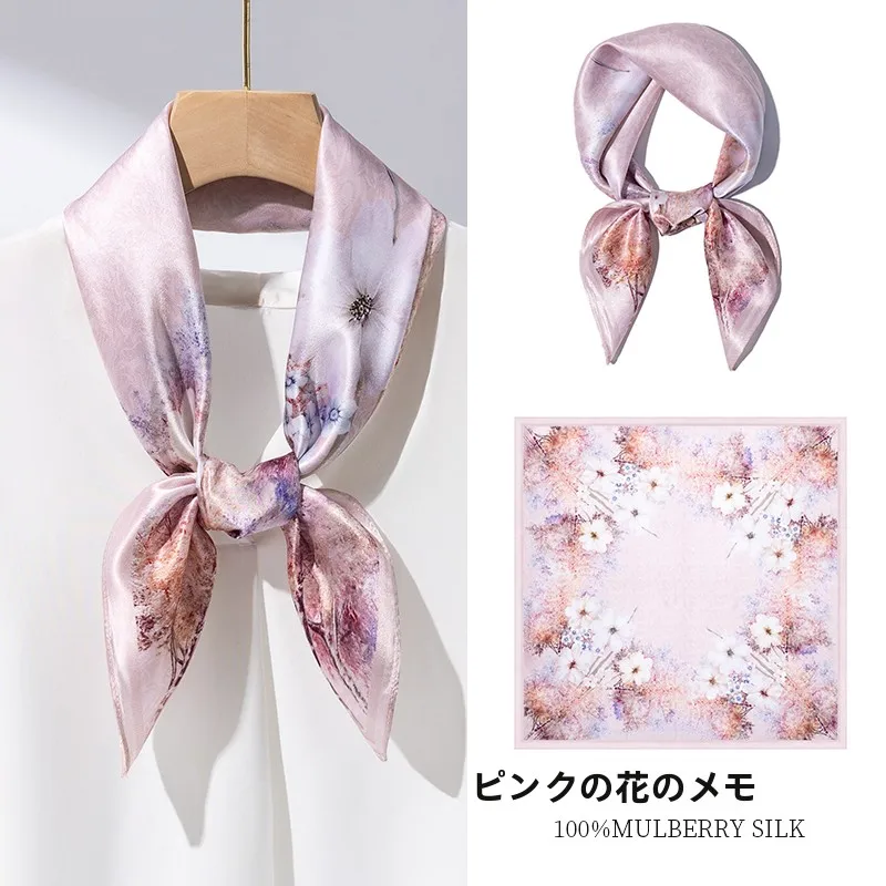 ピンクのシルクスカーフ-薄手ネックラップ-高級感-ソフトシルクスクエアスカーフ-女性用-装飾植物花柄-春夏