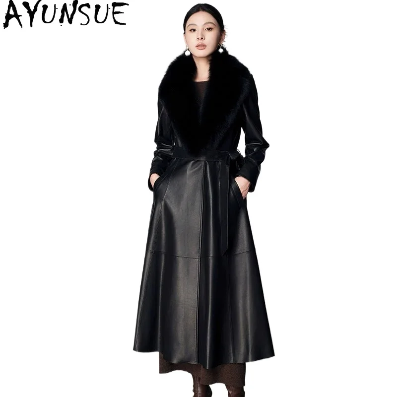 AYUNSUE Genuine Leather Jacket Women Long Sheepskin Trench Coat Woman 2026 Winter Down Jackets Warm Fox Fur Collar Detachable